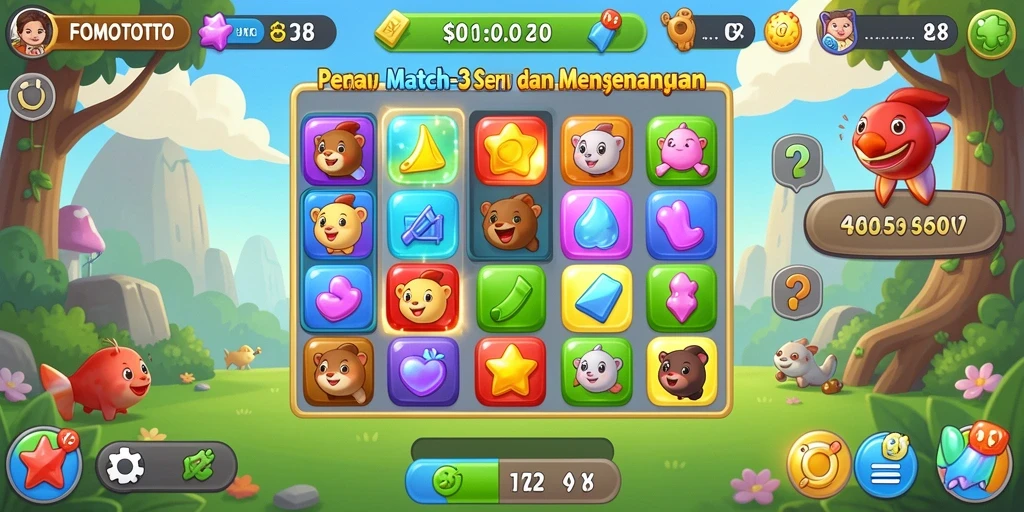 Screenshot gameplay FOMOTOTO yang menunjukkan pencocokan item warna-warni.