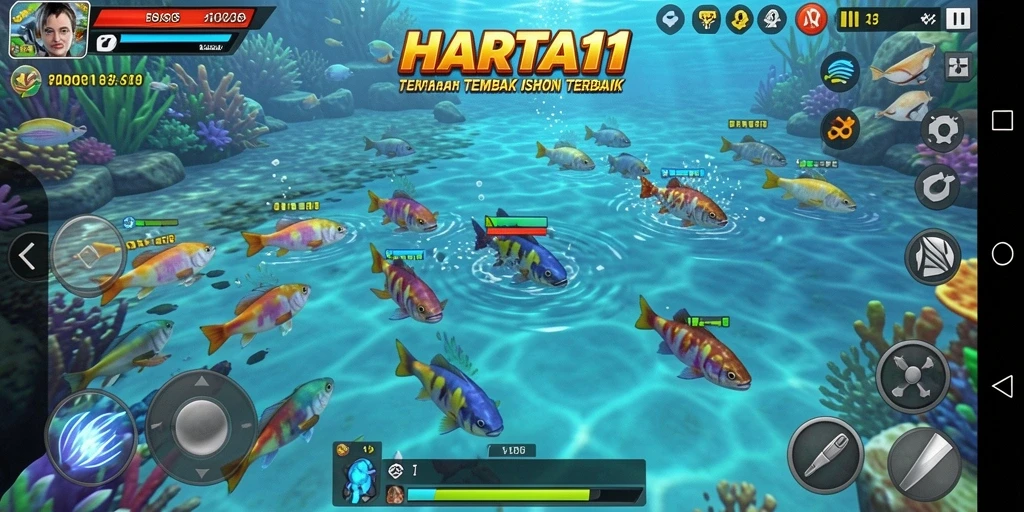 Tampilan gameplay seru HARTA11 dengan banyak ikan untuk ditembak.