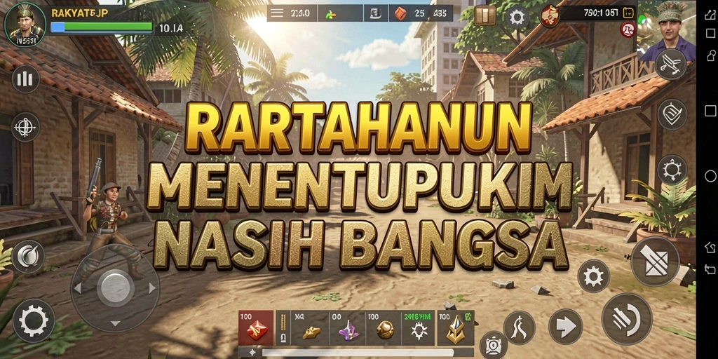 Screenshot gameplay RAKYATJP menampilkan menara pertahanan yang hebat melawan musuh.