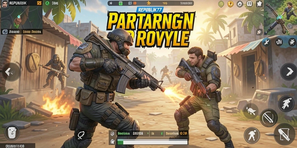 Tangkapan layar utama REPUBLIK77 menampilkan aksi Battle Royale yang intens.