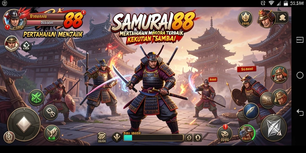 Screenshot utama SAMURAI88 menampilkan aksi menara pertahanan yang menegangkan.
