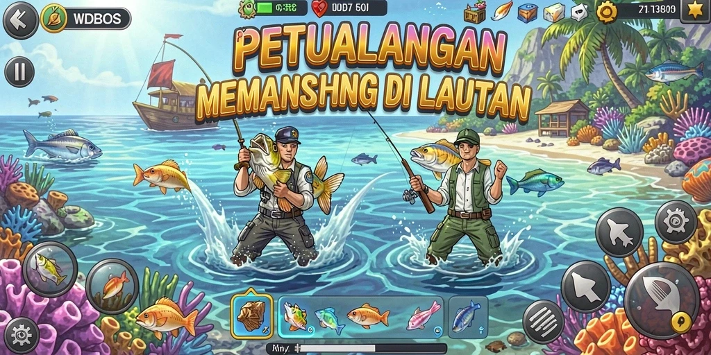 Screenshot gameplay WDBOS menampilkan aksi memancing yang seru dan indah.