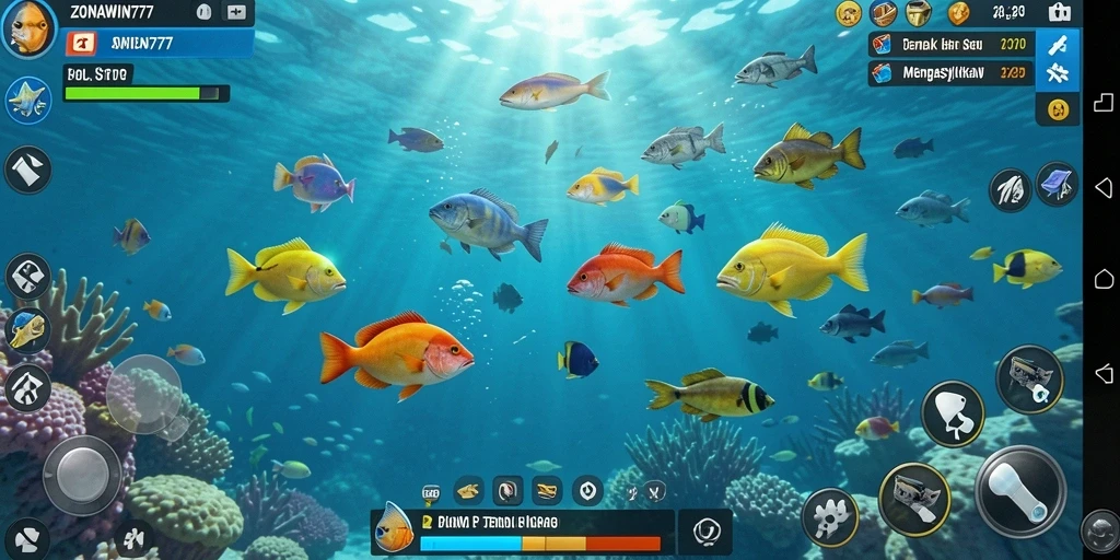 Tampilan gameplay seru ZONAWIN777 saat menangkap ikan.